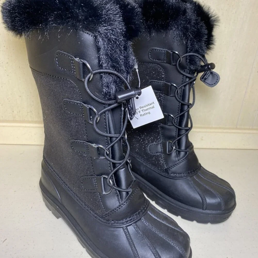 Girls Thermolite Black Faux Fur Winter Boots size 1 cat and Jack Constance